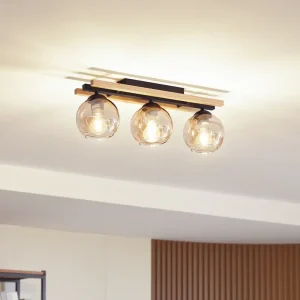 Lindby plafonnier Enrique, ambre, 3 lampes, verre, bois
