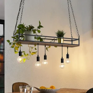 "Lindby Suspension Kirista, 5 lampes, noir, bois, 100 cm"